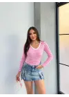 V yaka çizgili bluz pembe A3699
