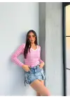 V yaka çizgili bluz pembe A3699