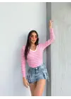 V yaka çizgili bluz pembe A3699