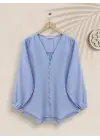 V Yaka Düğmeli Arkası Uzun Gömlek -Bebe Mavi