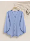 V Yaka Düğmeli Arkası Uzun Gömlek -Bebe Mavi
