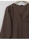 V Yaka Düğmeli Arkası Uzun Gömlek -Kahve