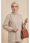 V Yaka Düğmeli Arkası Uzun Gömlek   -Krem