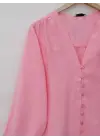 V Yaka Düğmeli Arkası Uzun Gömlek -Pembe