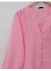 V Yaka Düğmeli Arkası Uzun Gömlek -Pembe