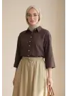 V Yaka Düğmeli Yarım Kol Modal Gömlek -K. Kahve