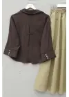 V Yaka Düğmeli Yarım Kol Modal Gömlek -K. Kahve
