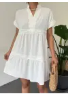 V Yaka Fistolu Ayrobin Elbise -Beyaz