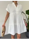 V Yaka Fistolu Ayrobin Elbise -Beyaz