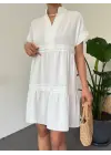 V Yaka Fistolu Ayrobin Elbise -Beyaz