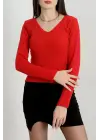 V yaka kaşkorse bluz kırmızı a3699