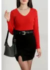 V yaka kaşkorse bluz kırmızı a3699