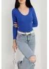V yaka kaşkorse bluz saks mavisi a3699