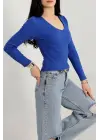 V yaka kaşkorse bluz saks mavisi a3699