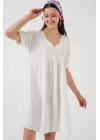 V Yaka Kısa Kol Elbise 2567 - Beyaz