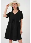 V Yaka Kısa Kol Elbise 2567 - Siyah