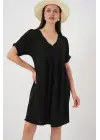 V Yaka Kısa Kol Elbise 2567 - Siyah