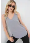 V Yaka Sıfır Kol Bluz 950 - Gri