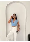 Vatkalı Kolsuz V Yaka Drapeli Crop Bluz Likralı Fit - Bebek Mavisi