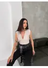 Vatkalı Kolsuz V Yaka Drapeli Crop Bluz Likralı Fit - Boyalı Gri