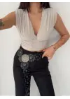 Vatkalı Kolsuz V Yaka Drapeli Crop Bluz Likralı Fit - Boyalı Gri