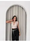 Vatkalı Kolsuz V Yaka Drapeli Crop Bluz Likralı Fit - Boyalı Gri