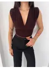 Vatkalı Kolsuz V Yaka Drapeli Crop Bluz Likralı Fit - Kahverengi
