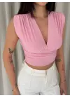 Vatkalı Kolsuz V Yaka Drapeli Crop Bluz Likralı Fit - Pembe