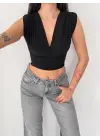 Vatkalı Kolsuz V Yaka Drapeli Crop Bluz Likralı Fit - Siyah
