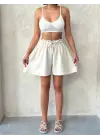 Volanlı keten şort bej s255058
