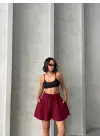 Volanlı keten şort bordo s255058