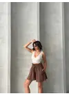 Volanlı keten şort kahve s255058