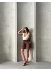 Volanlı keten şort kahve s255058