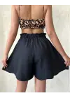 Volanlı keten şort siyah s255058