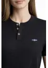 Waffle Dokulu Likralı Henley Yaka Düğmeli Regular Kısa Kollu T-Shirt - Siyah