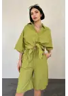 Yağ Yeşili Kısa Kollu Keten Gömlek Ve Şort Takım