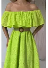 Yağ Yeşili Omzu Lastikli Brode Elbise