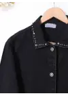 Yaka Ve Ceplerinde Taş İşlemel Kot Ceket -Siyah