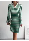 Omarı Çizgili Yakalı Uzun Kol Elbise - Yeşil Renkli