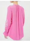 Omarı Nakışlı Lastikli Gömlek - Pembe