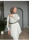 Yakası Ve Kolu Dantelli Top Düğmeli Astarlı Gömlek -Beyaz