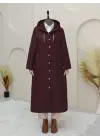 Yakası Zincir Detaylı Uzun Kapitone Kaban    -Bordo