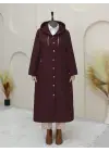 Yakası Zincir Detaylı Uzun Kapitone Kaban    -Bordo