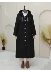 Yakası Zincir Detaylı Uzun Kapitone Kaban -Siyah