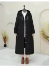 Yakası Zincir Detaylı Uzun Kapitone Kaban -Siyah