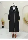 Yakası Zincir Detaylı Uzun Kapitone Kaban -Siyah
