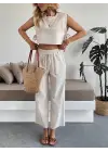 Yan bağlama detaylı pantolonlu takım bej
