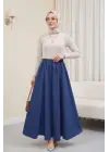 Yan Cepli Beli Lastikli Kot Etek  -İndigo