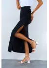 Omarı Güllü Siyah Etek Yandan Büzgülü