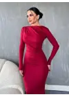 Yanı Büzgülü Uzun Skuba Elbise -Bordo